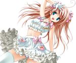  :d ahoge aqua_eyes arm_up bare_shoulders bow brown_hair copyright_request food frills fruit gloves hair_bow hair_ribbon long_hair midriff navel open_mouth outstretched_hand panties pantyshot ribbon simple_background smile solo strawberry thighhighs underwear white_legwear white_panties yukiwo 