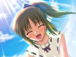  bow brown_hair closed_eyes cloud day game_cg hair_bow nanao_naru open_mouth ponytail sky smile solo suika_(game) wakabayashi_mie younger 