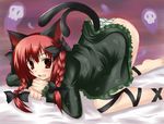  animal_ears barefoot bow braid cat_ears cat_tail fang hair_bow kaenbyou_rin nozomi_tsubame panties red_eyes red_hair ribbon solo striped striped_panties tail top-down_bottom-up touhou twin_braids twintails underwear 