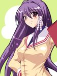  artist_request blush clannad fujibayashi_kyou hair_ribbon hikarizaka_private_high_school_uniform long_hair purple_eyes purple_hair ribbon school_uniform solo 