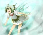  :d bad_id bad_pixiv_id blue_eyes blue_hair blush cirno ice ice_wings jingiruu leaning_forward looking_at_viewer open_mouth puffy_short_sleeves puffy_sleeves red_ribbon ribbon round_teeth short_hair short_sleeves smile solo standing teeth touhou wings 