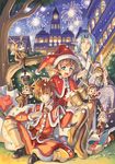  5boys aerial_fireworks blue_eyes christmas clock copyright_request fireworks gift miniboy minigirl multiple_boys multiple_girls orange_hair pointy_ears reindeer santa_costume yuu_(yuyukaikan) 