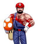  bad_id bad_pixiv_id beard cowboy_shot facial_hair gloves male_focus manly mario mario_(series) masao muscle mushroom nipples overalls parody pinky_out realistic solo super_mario_bros. super_mushroom torn_clothes 