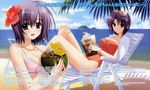  absurdres beach bracelet breasts cleavage day flower hair_flower hair_ornament hibiscus highres jewelry marriage_royale medium_breasts multiple_girls nishimata_aoi one-piece_swimsuit outdoors purple_eyes purple_hair sand short_hair sunglasses suzuhira_hiro swimsuit water 