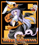  animal_ears bat_wings bow bunny_ears chibi earrings ears_through_headwear halloween happy_halloween hat jewelry long_hair multiple_girls piromizu pumpkin purple_hair reisen_udongein_inaba ribbon safety_pin silver_hair striped striped_legwear thighhighs touhou wings witch_hat yagokoro_eirin 