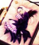  black_wings boots bow closed_eyes flower gothic_lolita hairband hironox lolita_fashion long_hair lying on_side ribbon rose rozen_maiden sleeping solo suigintou white_hair wings 