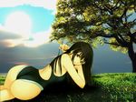  ass black_hair brown_eyes competition_swimsuit day grass huge_ass long_hair lying misaki_shizuno non-web_source one-piece_swimsuit sky solo sun swimsuit tanaka_takayuki tree wallpaper watermark zegapain 