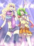  blonde_hair blue_eyes dress earrings frills frilly green_hair hikiyama_towa jewelry long_hair macross macross_frontier microphone ranka_lee red_eyes scarf sheryl_nome short_hair shorts singing smile tank_top thigh-highs thighhighs towa 