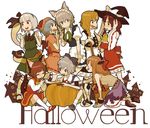  :3 animal_ears blonde_hair blue_hair broom brown_hair cat_ears cat_tail chen cirno dog_ears earrings eating food ghost hakurei_reimu halloween haruo_(clownberry) hat hitodama horns ibuki_suika izayoi_sakuya jewelry kemonomimi_mode kirisame_marisa konpaku_youmu konpaku_youmu_(ghost) long_hair lowres multiple_girls pumpkin remilia_scarlet ribbon short_hair silver_hair simple_background star tail touhou trick_or_treat twintails white_background wings 