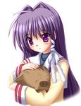  asakura_kaoru botan_(clannad) clannad fujibayashi_kyou hair_ribbon hikarizaka_private_high_school_uniform long_hair purple_eyes purple_hair ribbon school_uniform solo 