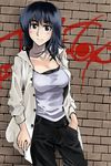  blush breasts brick_wall buckle buttons collarbone cosaten eyebrows eyebrows_visible_through_hair graffiti jacket large_breasts long_sleeves looking_at_viewer open_clothes open_jacket pants school_rumble short_hair solo suou_mikoto thick_eyebrows unbuttoned upper_body 