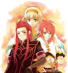  2boys artist_request asch blonde_hair blush gloves green_eyes hairband long_hair lowres luke_fon_fabre multiple_boys natalia_luzu_kimlasca_lanvaldear orange_neckwear red_hair short_hair smile surcoat tales_of_(series) tales_of_the_abyss yellow_eyes 