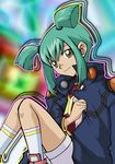  flat_chest footwear green_hair jacket luca ruka shirt short_hair shorts sitting socks twintails yellow_eyes yu-gi-oh! yugioh_5d&#039;s yugioh_5d's yuu-gi-ou_5d's 