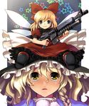  assault_rifle blonde_hair blue_eyes bow braid doll dress grenade_launcher gun hair_bow hair_ribbon hat ichigeki_sacchuu!!_hoihoi-san katahira_masashi kirisame_marisa long_hair m16 m203 multiple_girls outside_border parody ribbon rifle shanghai_doll star touhou underbarrel_grenade_launcher weapon wings witch_hat yellow_eyes 