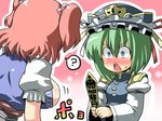  ? blue_eyes blush breast_envy breasts green_hair hat highres large_breasts looking_at_breasts multiple_girls onozuka_komachi open_mouth red_hair rod_of_remorse shiki_eiki short_hair touhou triangle_mouth tsuki_wani 
