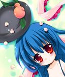  akino_ochiba bare_shoulders blush collarbone food from_above fruit hat hat_removed headwear_removed hinanawi_tenshi looking_at_viewer lying on_back peach petals red_eyes solo tareme touhou upper_body 