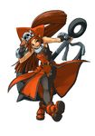  absurdres anchor artist_request bicorne brown_hair gloves guilty_gear hat highres long_hair may_(guilty_gear) official_art orange_hat orange_shirt pantyhose pirate pirate_hat salute shirt skull_and_crossbones solo 