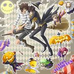  3girls animal_ears broom broom_riding c.c. cheese-kun chibi code_geass halloween happy_halloween hat kururugi_suzaku lelouch_lamperouge md5_mismatch multiple_boys multiple_girls multiple_riders nunnally_lamperouge pizza_hut rolo_lamperouge tail touya_(roukaku) wolf_ears 