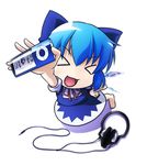  &gt;_&lt; 1girl :3 barefoot chibi cirno closed_eyes digital_media_player from_above hand_on_hip headphones ipod kusaba_(kusabashiki) looking_up solo touhou x3 