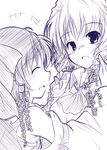  blush bow detached_sleeves hair_bow hair_tubes hakurei_reimu izayoi_sakuya monochrome multiple_girls nanaume_(shichimi_tougarashi) purple spot_color touhou translated yuri 