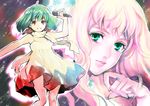  arm_up armpits collarbone dress furikawa_arika gem green_eyes green_hair holding jewelry lips looking_at_viewer macross macross_frontier microphone multiple_girls necklace outstretched_arms pendant pink_hair ranka_lee sheryl_nome short_hair yellow_dress 
