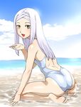  ass barefoot beach blush cloud competition_swimsuit day feet gundam gundam_00 kneeling long_hair marie_parfacy one-piece_swimsuit outdoors sand sky solo soma_peries swimsuit ueyama_michirou water white_hair yellow_eyes 