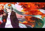  autumn bad_id bad_pixiv_id blue_eyes green_hair hatsune_miku headphones koi_(koisan) leaf long_hair solo twintails vocaloid 