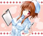  ahoge brown_hair clipboard copyright_request hat nurse nurse_cap one_eye_closed solo syringe yukiwo 