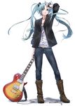  alternate_costume belt blazer blue_eyes blue_hair boots casual cross denim fashion guitar hand_in_hair hatsune_miku instrument jacket jeans jewelry long_hair nagareboshi necklace pants sleeves_rolled_up solo twintails vocaloid wristband 