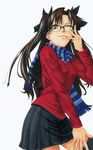  1girl bespectacled blue_scarf bow brown_hair commentary_request fate/stay_night fate_(series) glasses green_eyes hair_bow kohuseigetsu long_hair one_eye_closed scarf skirt solo striped_clothes striped_scarf thighhighs tohsaka_rin traditional_media turtleneck two_side_up 