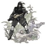  absurdres gas_mask gun headband highres male_focus masao_tsubasa metal_gear_(series) metal_gear_acid official_art plant rifle solid_snake solo weapon xm8 