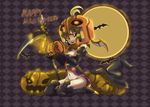  bat boots copyright_request halloween happy_halloween hat jack-o'-lantern kneeling moon nana_g pumpkin pumpkin_hat red_eyes scythe solo thigh_boots thighhighs witch_hat 