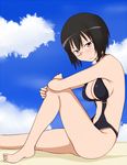  beach black_hair breasts casual_one-piece_swimsuit cleavage cloud day girls_und_panzer kawashima_momo medium_breasts monocle navel one-piece_swimsuit outdoors short_hair sideboob sky solo swimsuit tanaka_rikimaru 