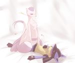  blush breath cowgirl_position duo eye_contact female hi_res interspecies lucario lying male mienshao nessysalmon nintendo on_back on_top open_mouth pok&#233;mon porkyman sex simple_background straddling straight sweat video_games 