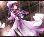  bad_id bad_pixiv_id blurry book bookshelf capelet crescent depth_of_field dress hair_ribbon hat highres itouri letterboxed long_hair patchouli_knowledge purple_eyes purple_hair ribbon solo touhou 
