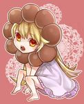  bad_id bad_pixiv_id barefoot blonde_hair cosplay fang highres long_hair mister_donut monogatari_(series) neaze nisemonogatari oshino_shinobu pon_de_lion pon_de_lion_(cosplay) red_eyes solo 