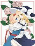  alice_margatroid blonde_hair blue_eyes blush braid capelet couple flower hair_ribbon hairband hat kirisame_marisa multiple_girls open_mouth ribbon short_hair smile touhou tsuno_no_hito witch_hat yellow_eyes yuri 