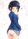  ass bad_id bad_pixiv_id black_hair blazer blush brown_eyes hairband heart highres jacket komimiyako looking_back one_eye_closed panties power_pro_kun_pocket power_pro_kun_pocket_10 school_uniform short_hair sidelocks skirt skirt_lift solo underwear yoshizuki_sara 