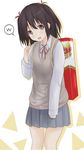  backpack bag black_hair brown_eyes bugles dress_shirt hair_ribbon highres open_mouth original randoseru ribbon saku_(kudrove) school_uniform shirt short_hair skirt smile solo sweater_vest 