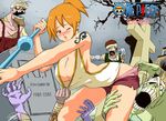  1girl bandage blush breasts cleavage copyright_name graveyard halter_top halterneck highres nami nami_(one_piece) one_piece orange_hair tattoo thriller_bark tombstone weapon wince zombie 