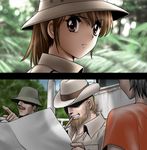  3boys beard blurry bokeh brown_eyes brown_hair depth_of_field faceless faceless_male facial_hair helmet jungle multiple_boys mustache nature original photo_background pith_helmet shingyouji_tatsuya 