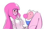  1girl adventure_time alternate_hairstyle bubble_blowing chewing_gum embarrassed finn_the_human glasses hair_down hat labcoat long_hair looking_away pink_hair pink_skin princess_bonnibel_bubblegum sexually_suggestive sho-n-d simple_background white_background 