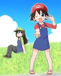  ;d bad_id bad_pixiv_id blue_eyes blush brown_hair cloud cosplay day dress genderswap genderswap_(mtf) grass hay long_hair luigi luigi_(cosplay) mario mario_(cosplay) mario_(series) multiple_girls one_eye_closed open_mouth pantyhose sandals short_hair sitting sky smile super_mario_bros. thighhighs white_choco_(gliese) 