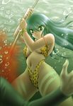  1girl animal_print blood blurry bracelet breasts bubble dark_skin freediving jewelry leopard_print long_hair medium_breasts navel original polearm shingyouji_tatsuya spear underwater weapon wetsuit 