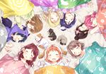  6+girls ahoge animal animal_hood bed_sheet black_hair blonde_hair blue_hair blush bow brown_hair candy_print circle_formation clenched_hands commentary_request cosplay demon_horns demon_wings dog dog_hood dolphin_print eyes_closed fang fangs green_bandana grey_hair hair_bow hair_bun hair_ribbon hair_up hairband hand_on_another&#039;s_head hands_up highres hood hood_grab hood_up horn_sucking horns hug kigurumi kunikida_hanamaru kurosawa_dia kurosawa_ruby long_hair love_live! love_live!_sunshine!! lying makura_(makura0128) matsuura_kanan messy_hair multiple_girls musical_note musical_note_print o_o ohara_mari on_back on_side open_mouth orange_hair orange_print pink_bow red_hair ribbon sakurauchi_riko shiitake_(love_live!_sunshine!!) shiitake_(love_live!_sunshine!!)_(cosplay) short_hair sleeping sleepover sparkle_print takami_chika tsushima_yoshiko wataame_(love_live!_sunshine!!) watanabe_you white_ribbon wings 