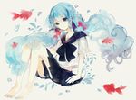  barefoot bottle_miku bubble fish goldfish hatsune_miku highres liquid_hair long_hair miyashita_miro school_uniform serafuku toenail_polish very_long_hair vocaloid 