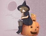  &gt;_&lt; :3 basket boots brown_eyes brown_hair cape closed_eyes cookie dress food hair_ornament halloween hat hidamari_sketch jack-o'-lantern kahis_(sweetbriar) pantyhose pumpkin short_hair solo wand witch_hat yuno 