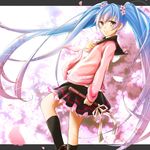  bad_id bad_pixiv_id blue_hair cherry_blossoms flower graduation hair_flower hair_ornament hatsune_miku long_hair school_uniform serafuku skirt socks solo twintails very_long_hair vocaloid 