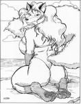  anthro beach big_breasts bikini blonde_fur blonde_hair breasts butt canine clothing cloud clouds eyelashes female flowing_hair fluffy_tail fox greyscale hair half-closed_eyes long_hair long_tail looking_at_viewer looking_back mammal monochrome one-piece_swimsuit oscar_marcus pawpads pinup pose sand sea seaside sitting smile solo swimsuit tight_clothing water 