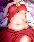  bad_id bad_pixiv_id bed belly black_hair breasts detached_sleeves hakurei_reimu head_out_of_frame hyudora long_hair lying medium_breasts navel on_back plump shirt_lift sketch solo touhou underboob 